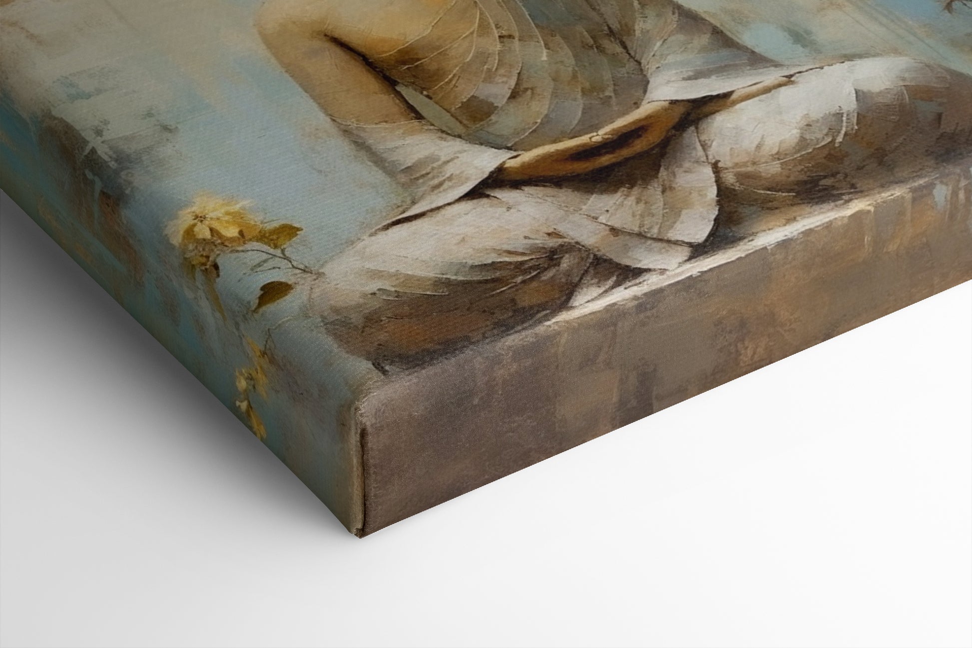 Framed canvas print of a serene Buddha meditating with warm earth tones and blue accents