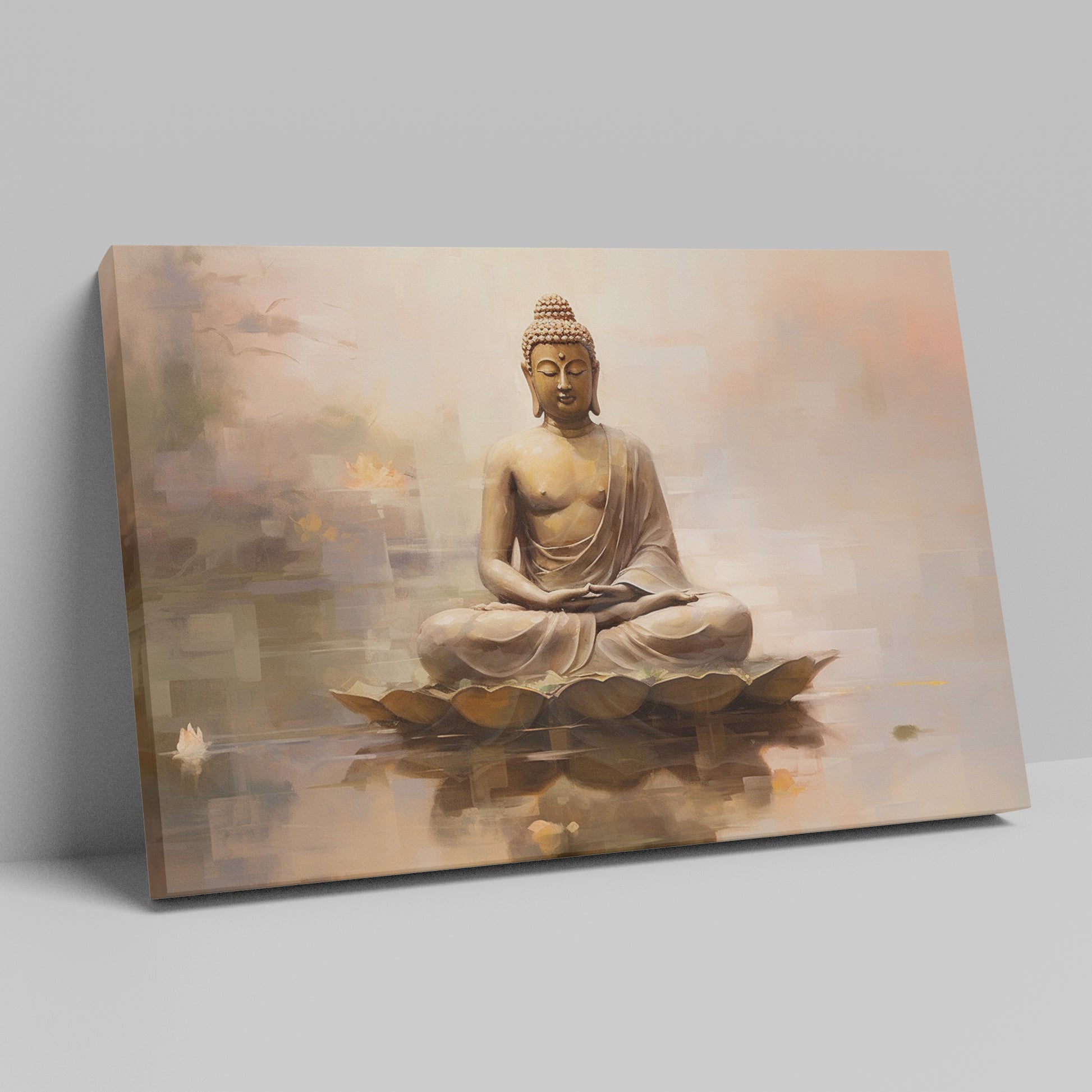 Framed canvas print of a serene Buddha in meditation with warm colour tones