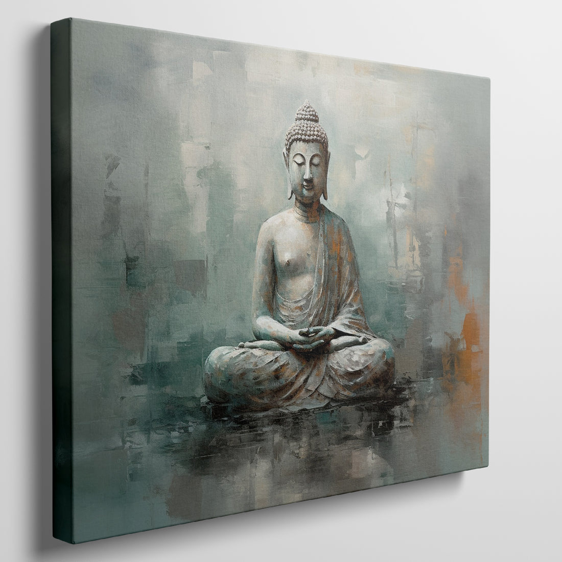 Framed canvas print of a serene Buddha in abstract style with soft blue and orange accents