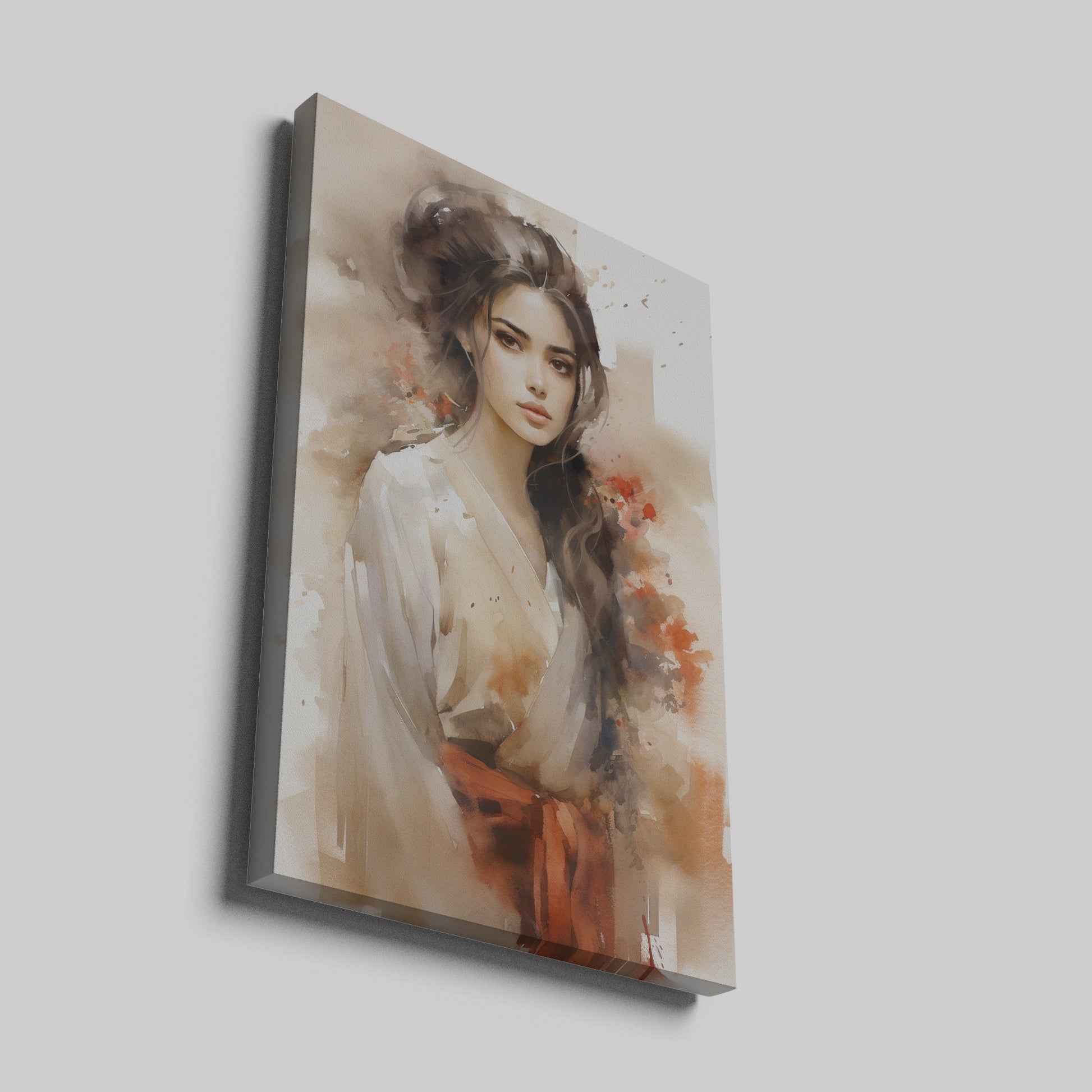 Framed canvas print of a sophisticated watercolour portrait of a woman in a traditional kimono