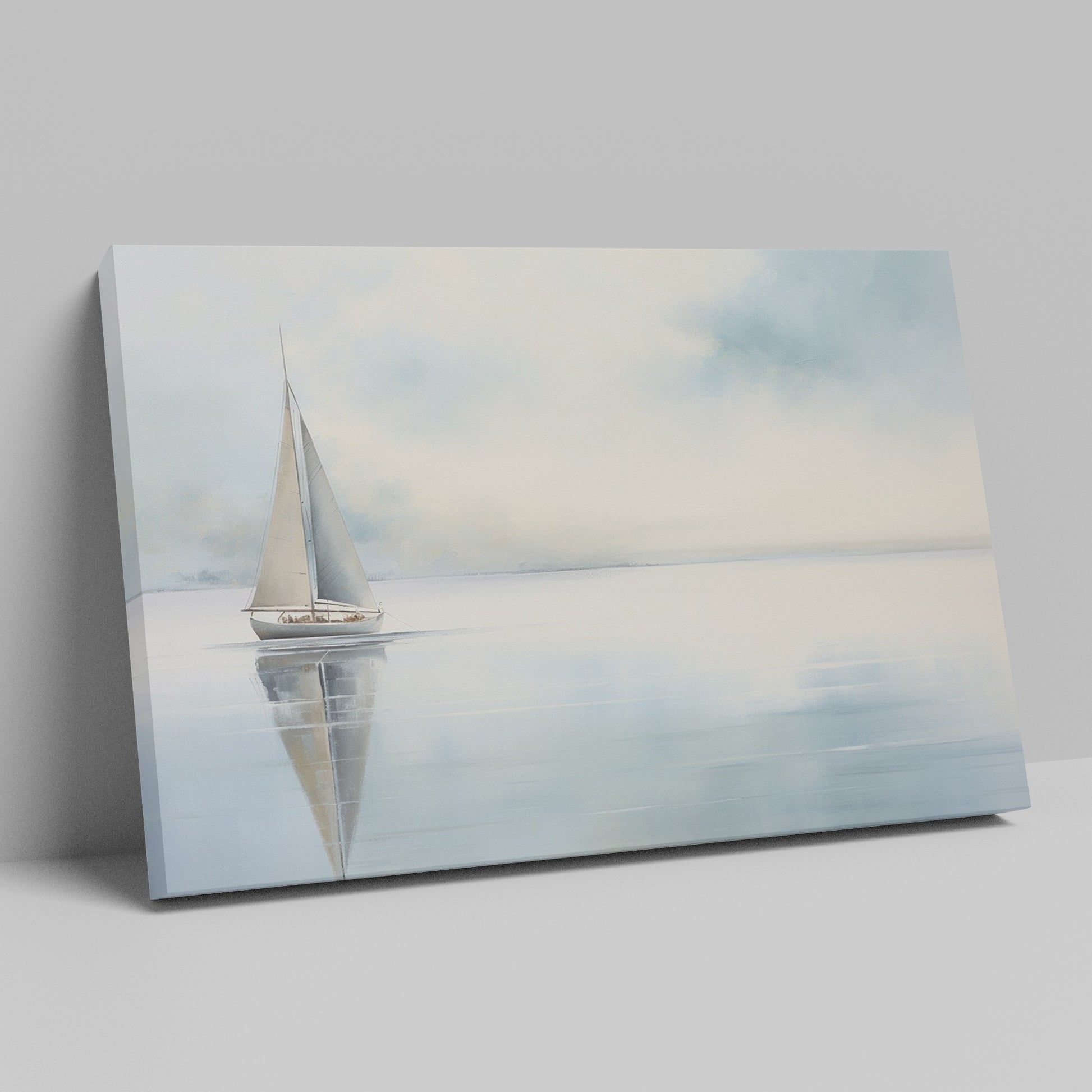 Framed canvas print of a serene sailboat with reflection on tranquil blue water