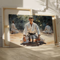 Framed canvas print of martial artists in meditation at a dojo