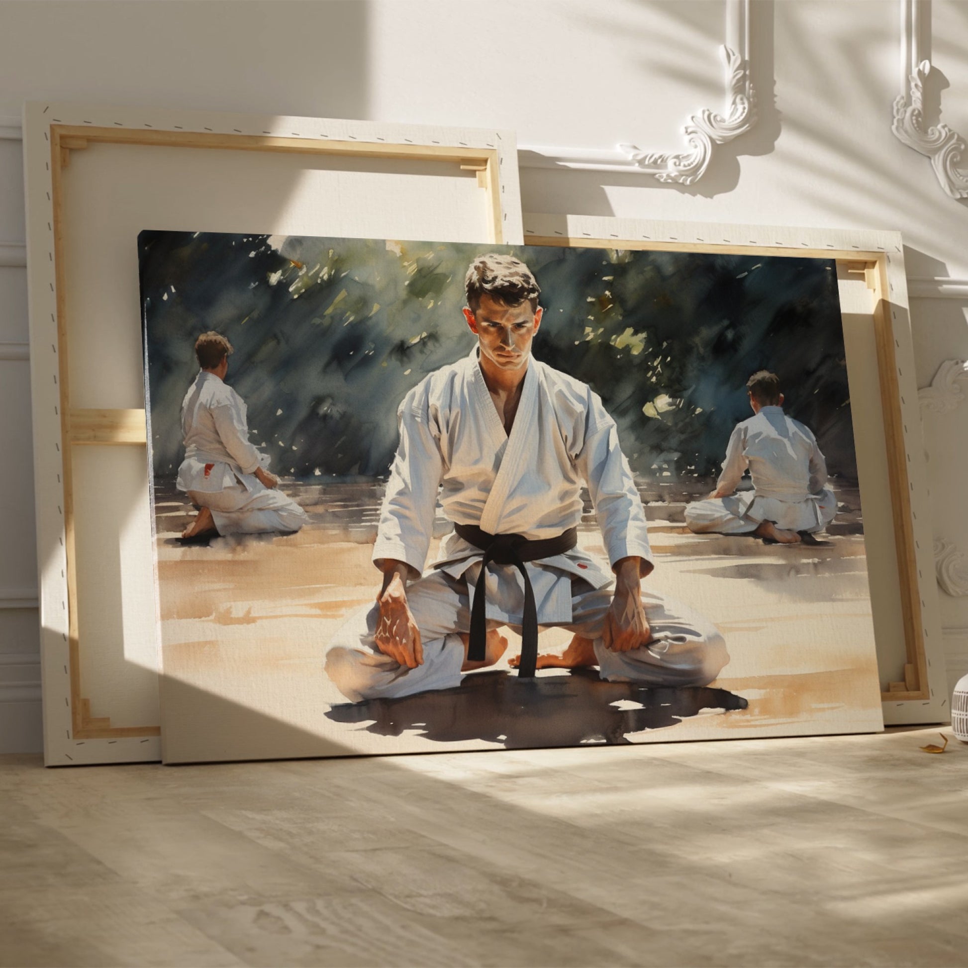 Framed canvas print of martial artists in meditation at a dojo