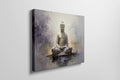 Framed canvas print depicting a serene Buddha in meditation, with textured strokes and a peaceful color palette