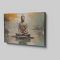 Framed canvas print of serene Buddha in meditative pose with abstract orange and blue background
