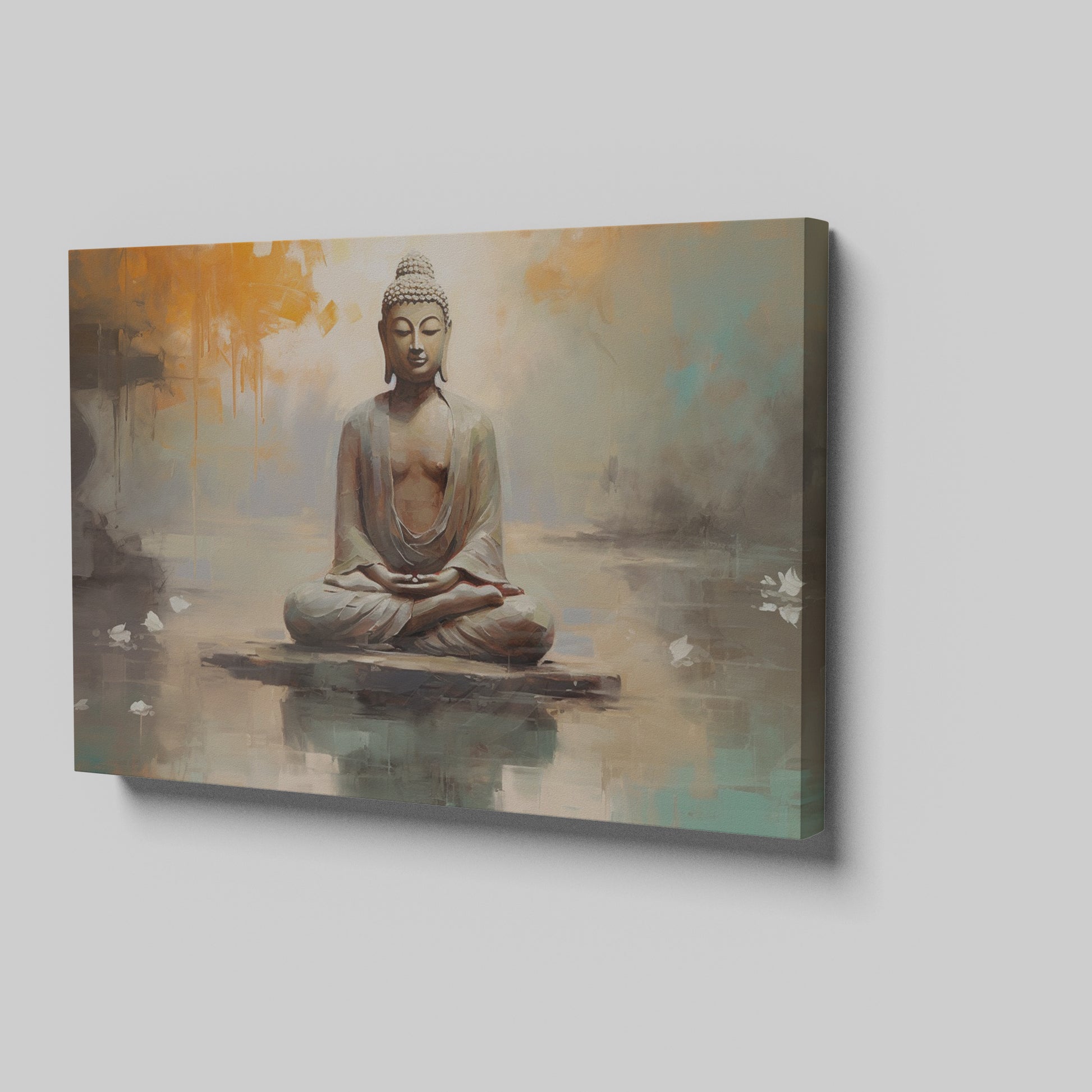 Framed canvas print of serene Buddha in meditative pose with abstract orange and blue background