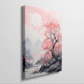 Watercolor painting of pink cherry blossoms with a misty mountain landscape and flying birds.