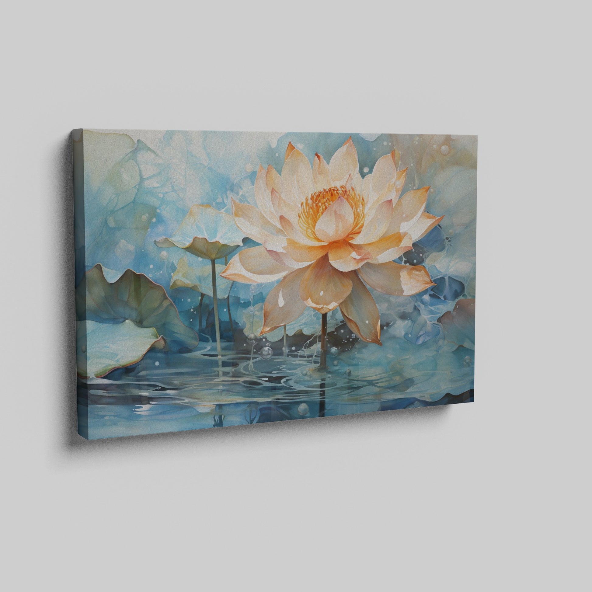 Framed canvas print of a blooming lotus flower with lush blue and orange hues