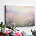 Framed canvas print of an impressionist painting of a daisy meadow at sunrise with soft pastel colours