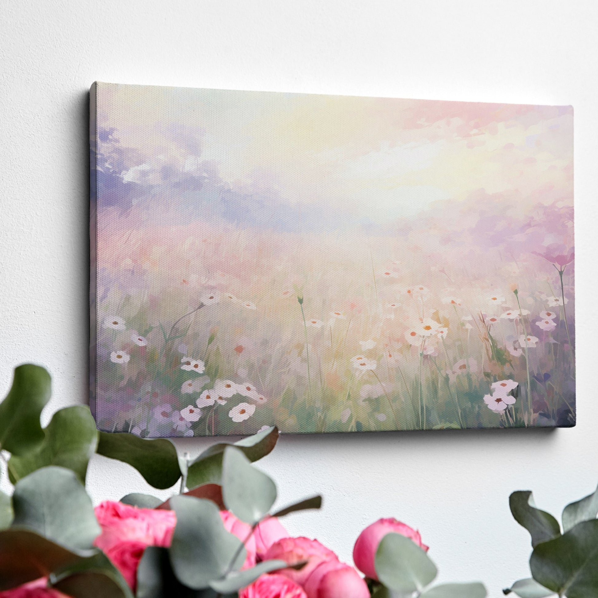 Framed canvas print of an impressionist painting of a daisy meadow at sunrise with soft pastel colours