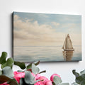 A peaceful painting of a sailboat sailing on calm ocean waters with clouds in the sky