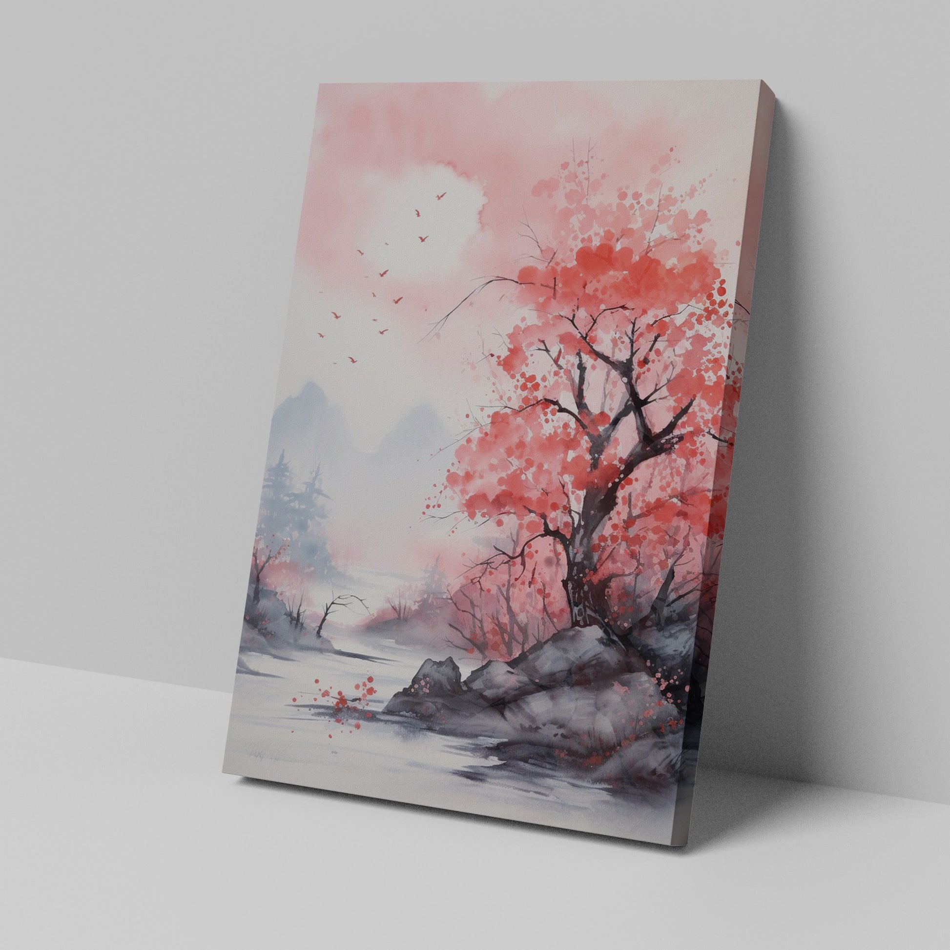 Watercolor painting of pink cherry blossoms with a misty mountain landscape and flying birds.