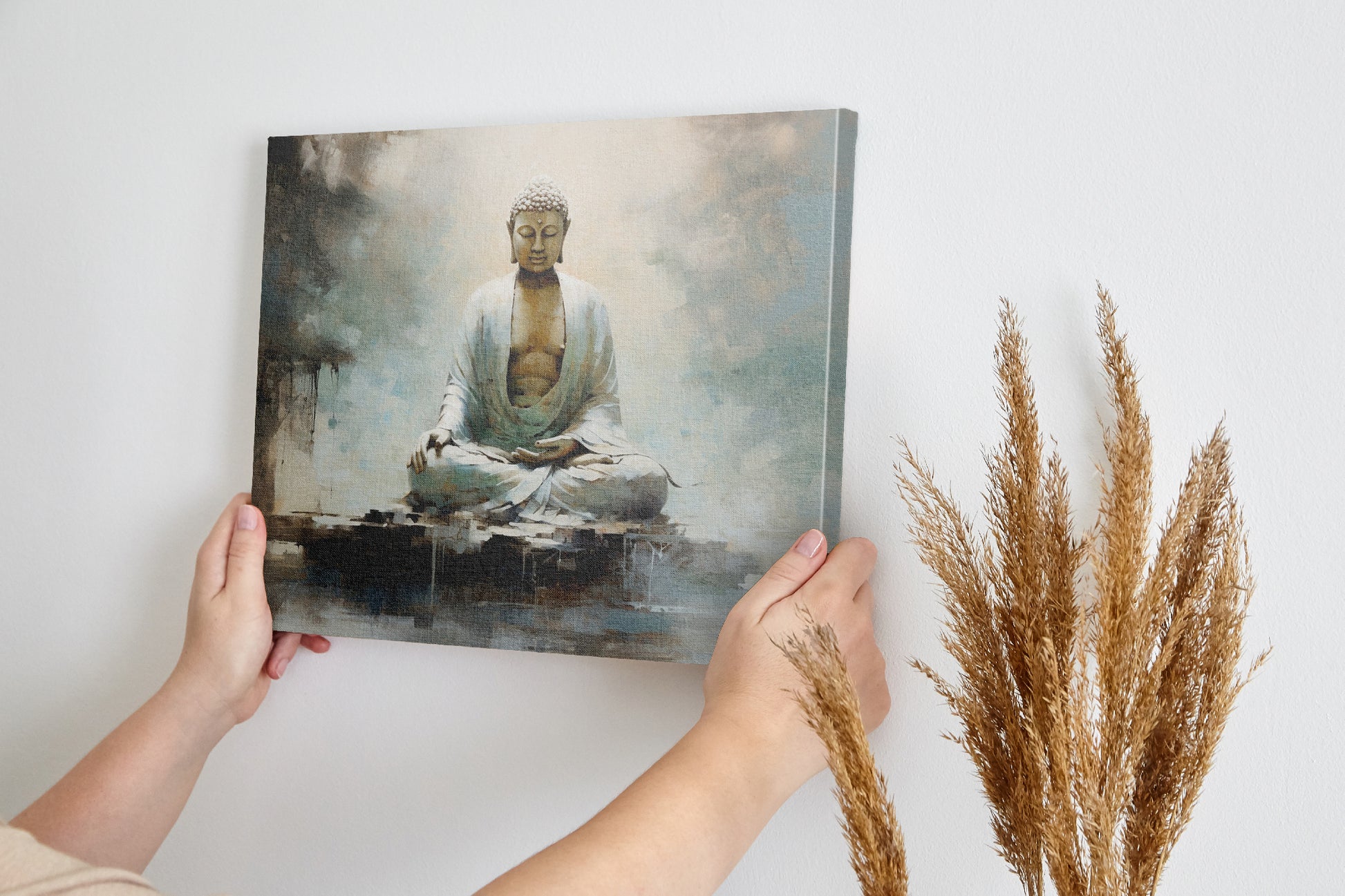 Framed canvas print of a serene Buddha in meditation with abstract, earthy tones