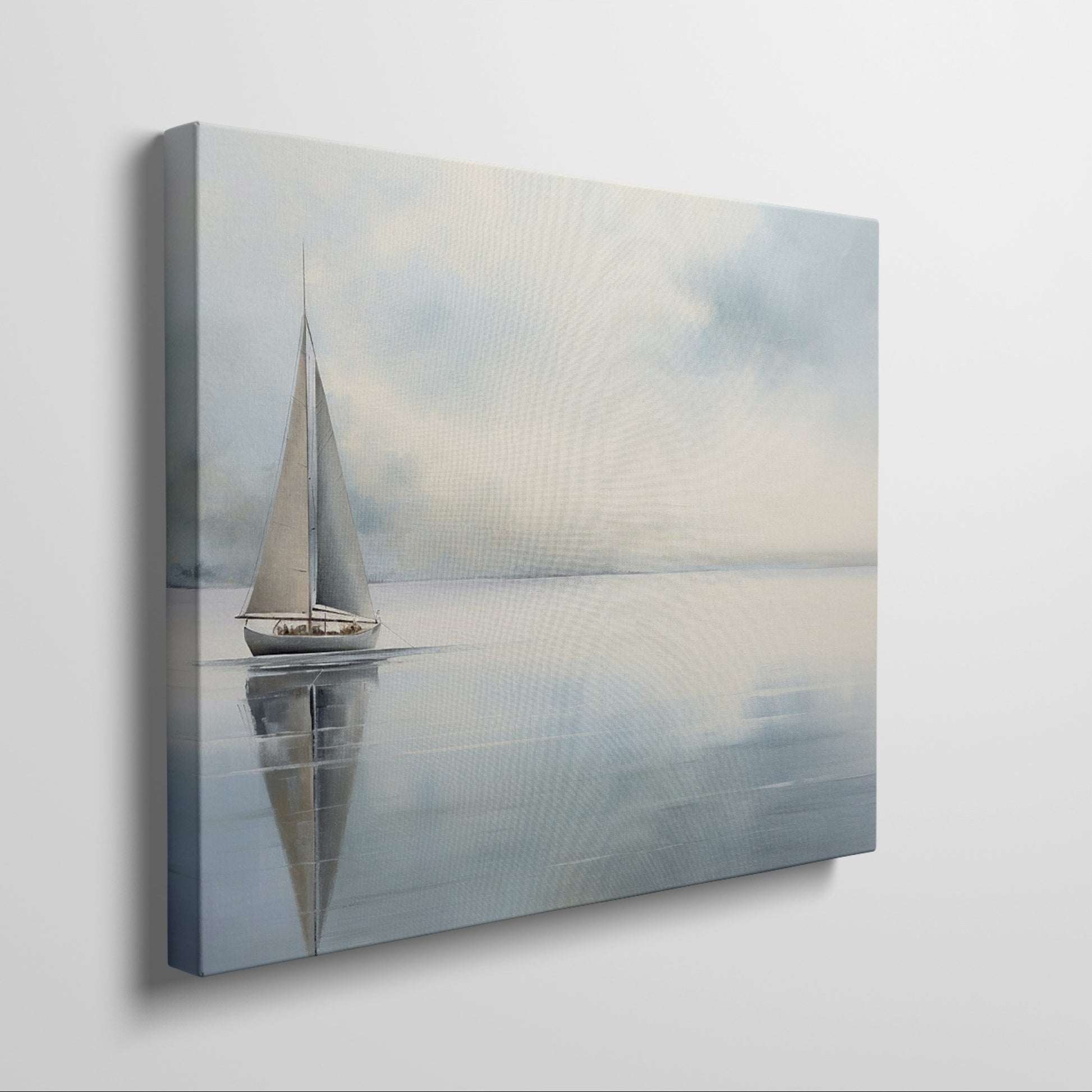 Framed canvas print of a serene sailboat with reflection on tranquil blue water