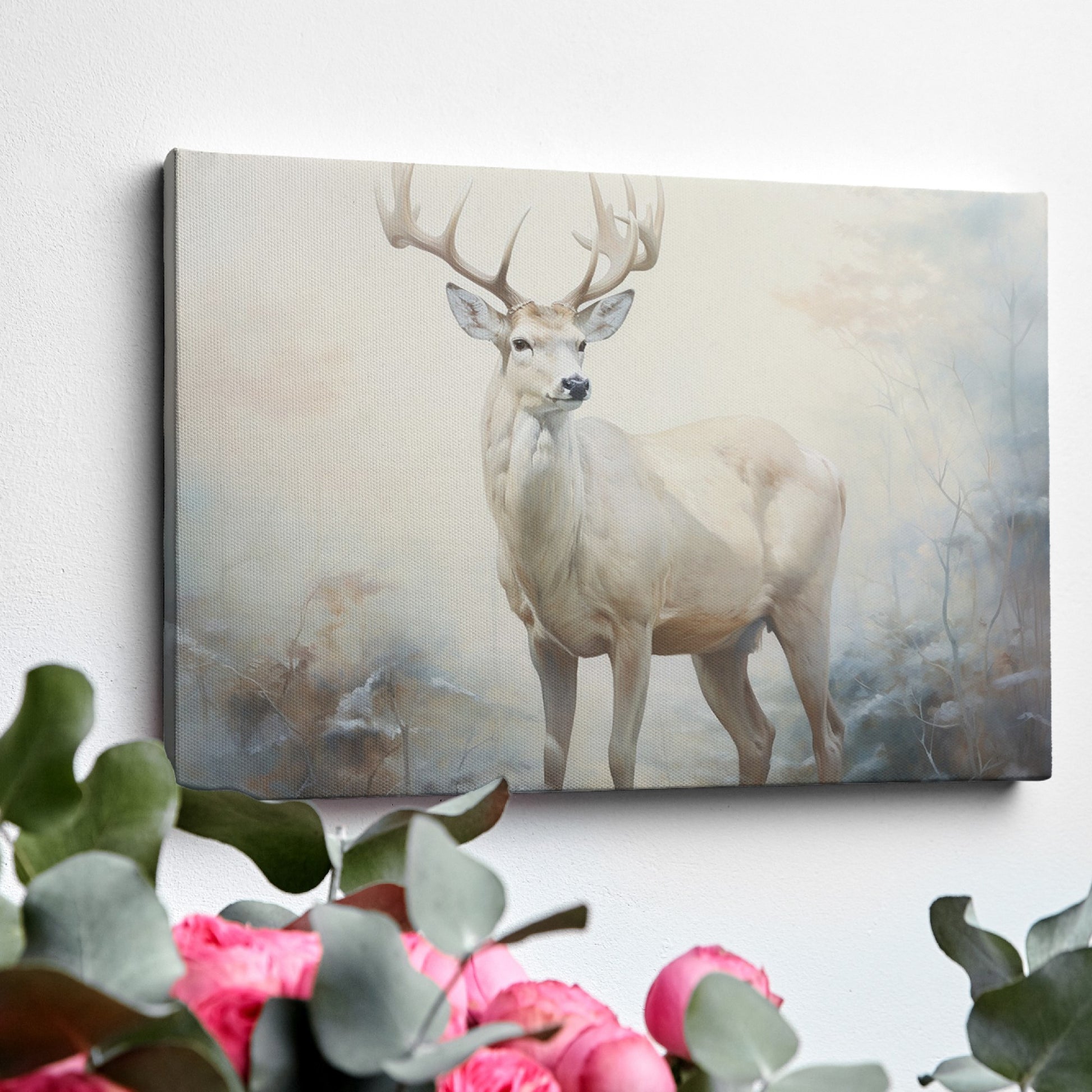 Framed canvas print of a majestic stag in a foggy autumn forest with neutral and warm tones
