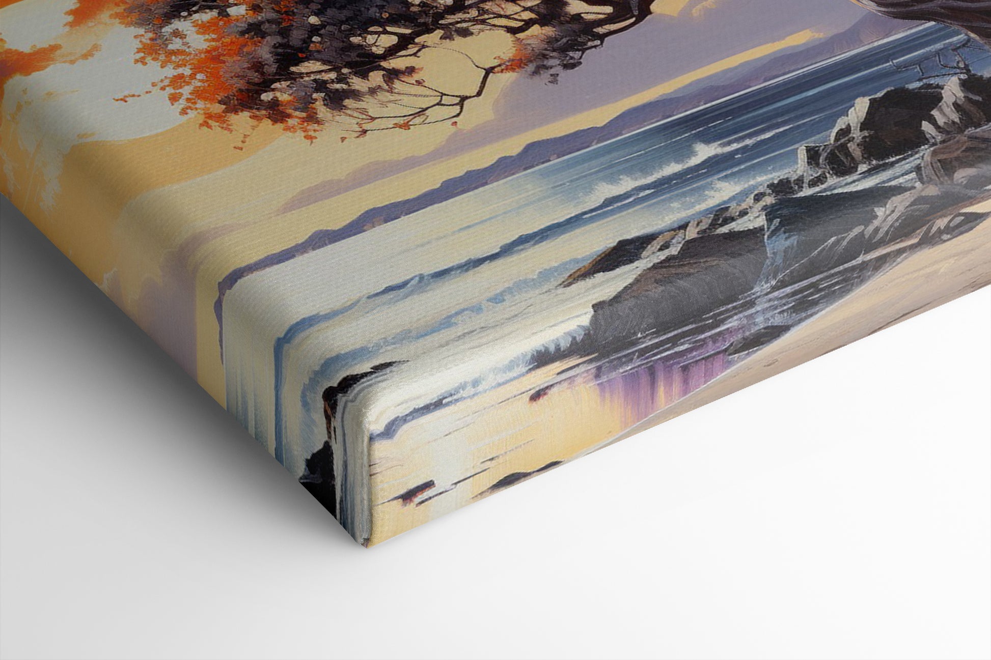 A vibrant sunset painting with an orange and red leafy tree overlooking a coastal seascape with gentle waves and cliffs.