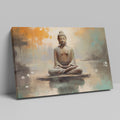 Framed canvas print of serene Buddha in meditative pose with abstract orange and blue background