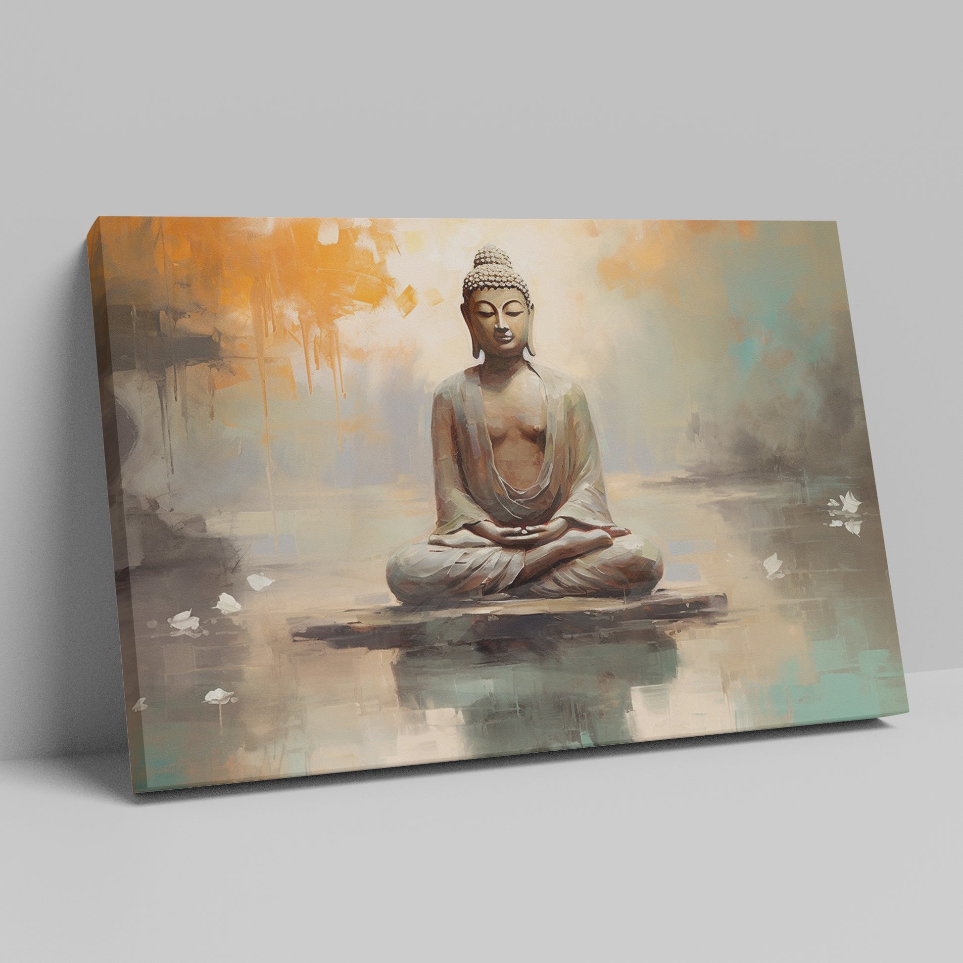 Framed canvas print of serene Buddha in meditative pose with abstract orange and blue background