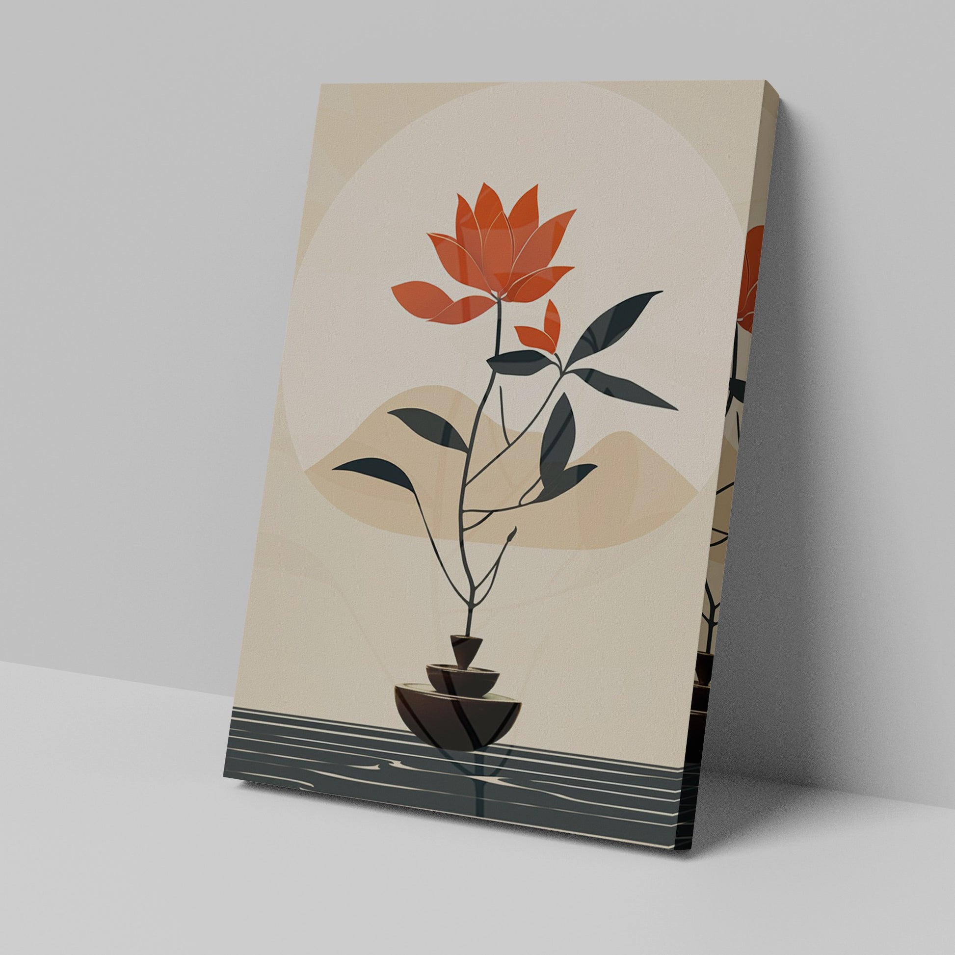 Framed canvas print of a minimalist bonsai tree silhouette against an abstract nature background