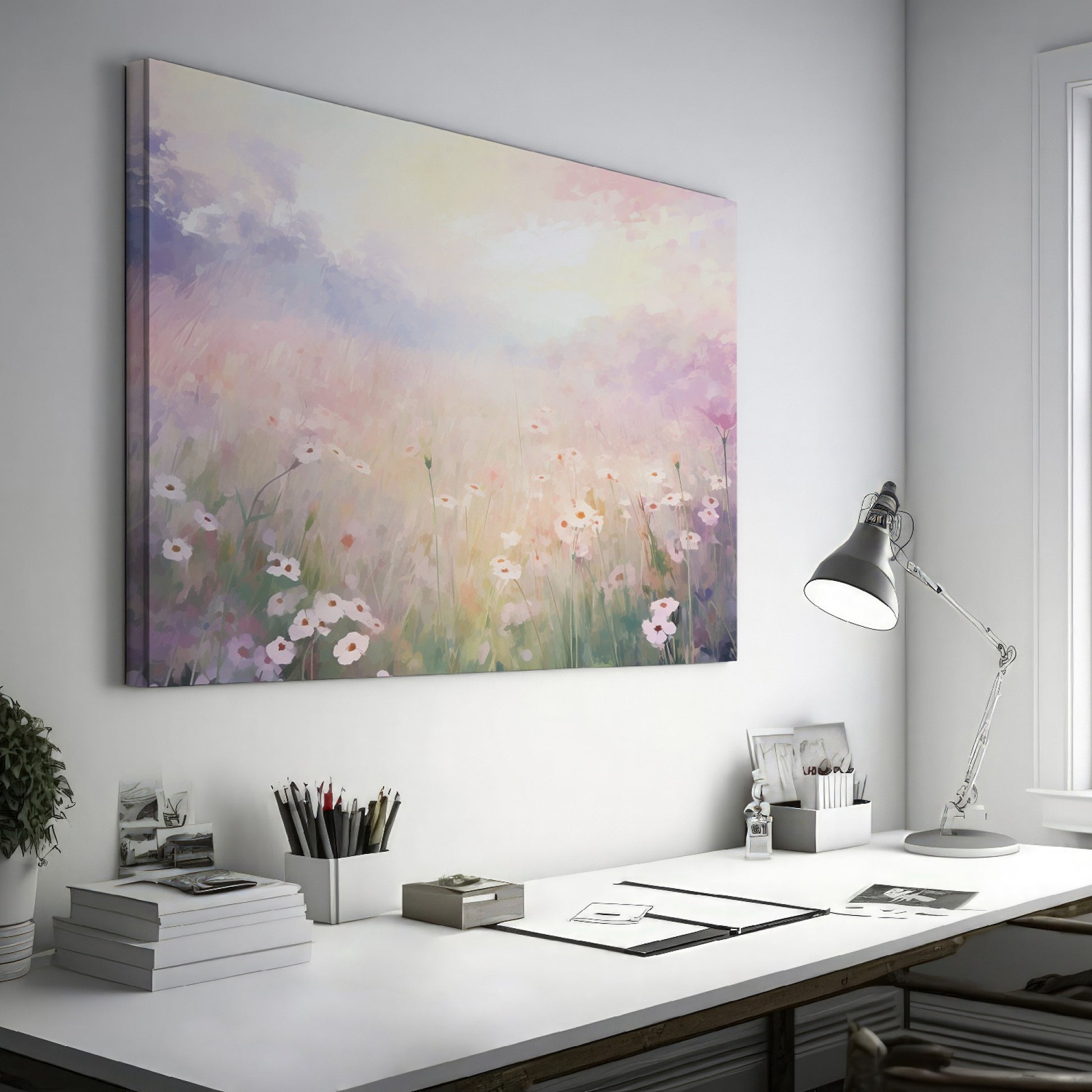 Framed canvas print of an impressionist painting of a daisy meadow at sunrise with soft pastel colours