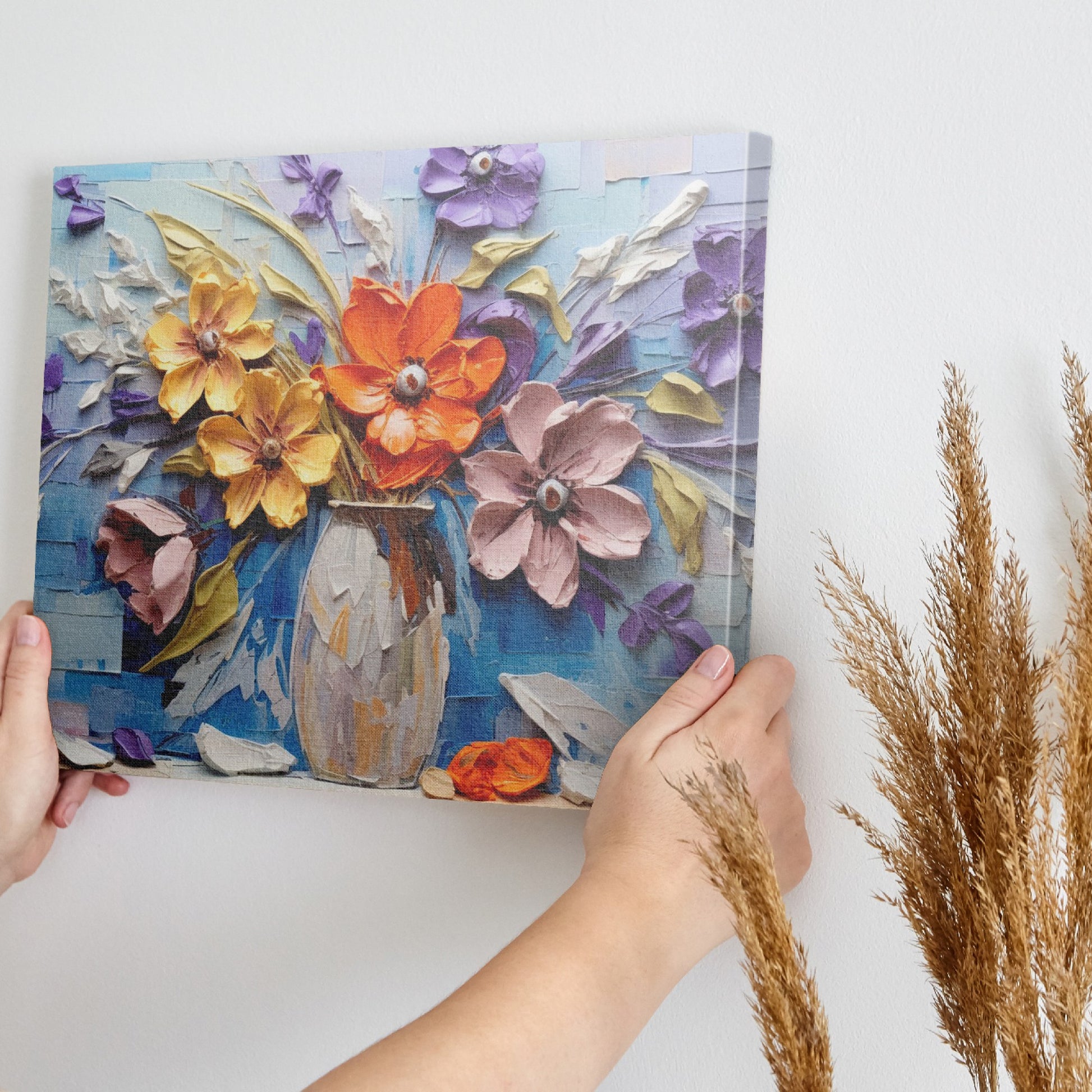 Framed canvas print of embossed and textured colourful flowers in impasto style