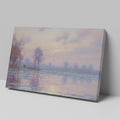 Pastel-hued landscape painting of a sunrise with reflections in the water and silhouetted trees.