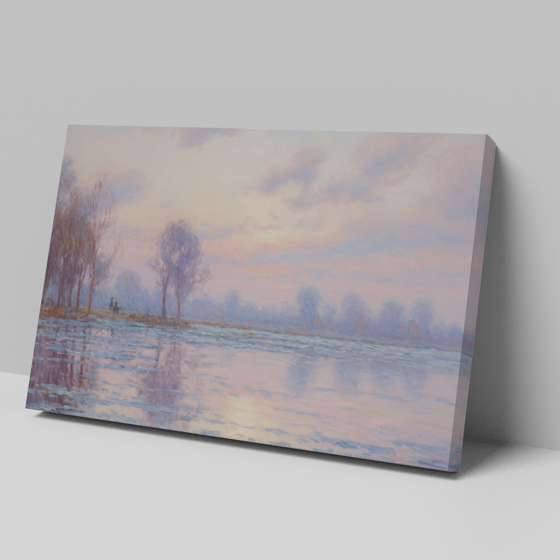 Pastel-hued landscape painting of a sunrise with reflections in the water and silhouetted trees.