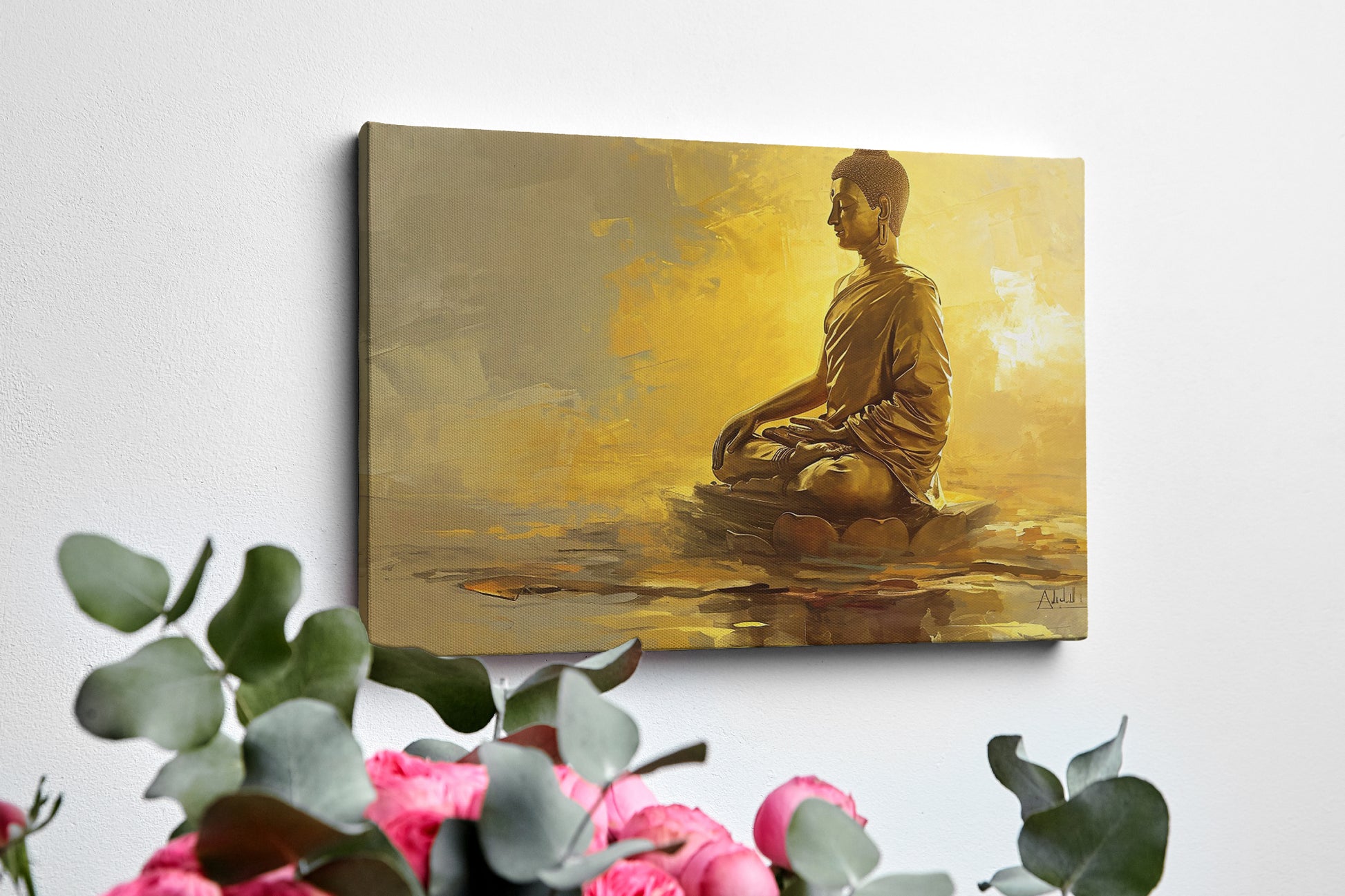Framed canvas print of a golden Buddha in meditation