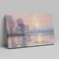 Impressionist-style painting of a peaceful river landscape at sunrise with reflections and tall trees.