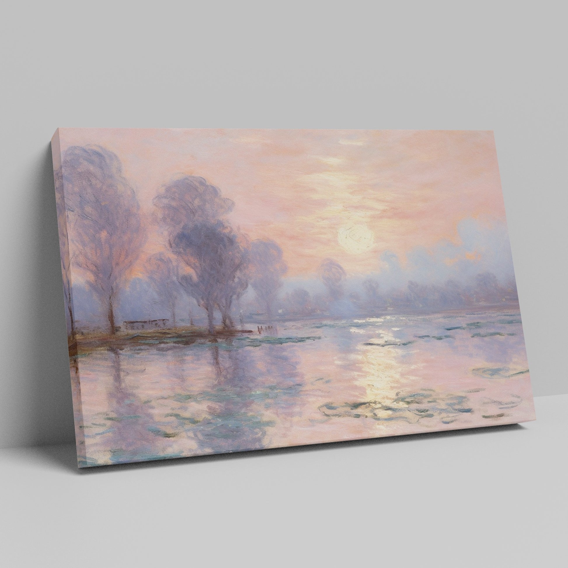 Impressionist-style painting of a peaceful river landscape at sunrise with reflections and tall trees.