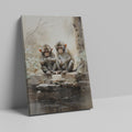 Framed canvas print of two monkeys contemplating over a birthday cake on a rustic backdrop
