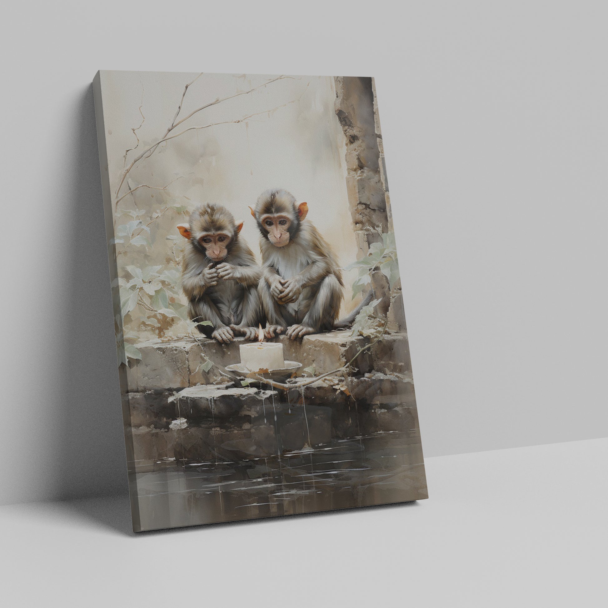 Framed canvas print of two monkeys contemplating over a birthday cake on a rustic backdrop