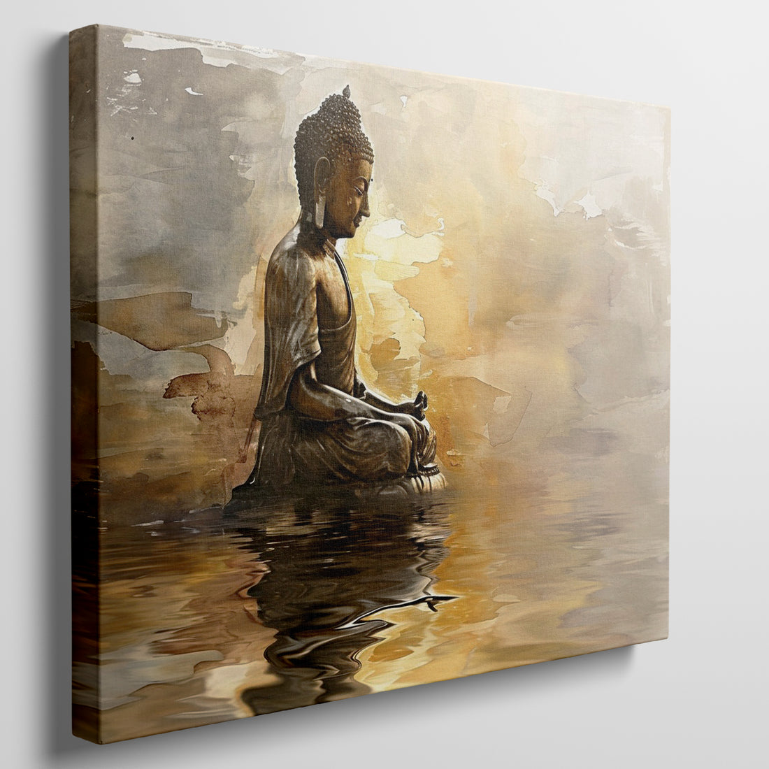 Framed canvas print of a meditative Buddha in golden tones with water reflection