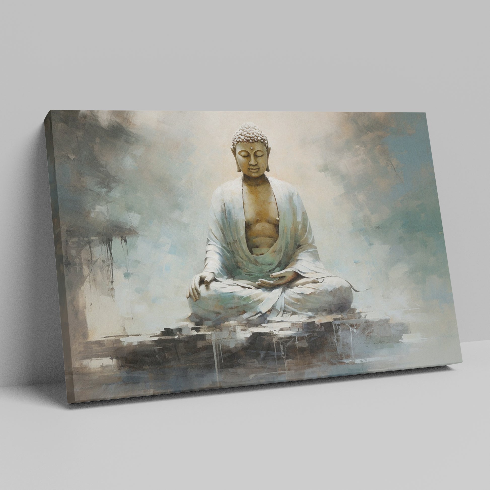 Framed canvas print of a serene Buddha in meditation with abstract, earthy tones