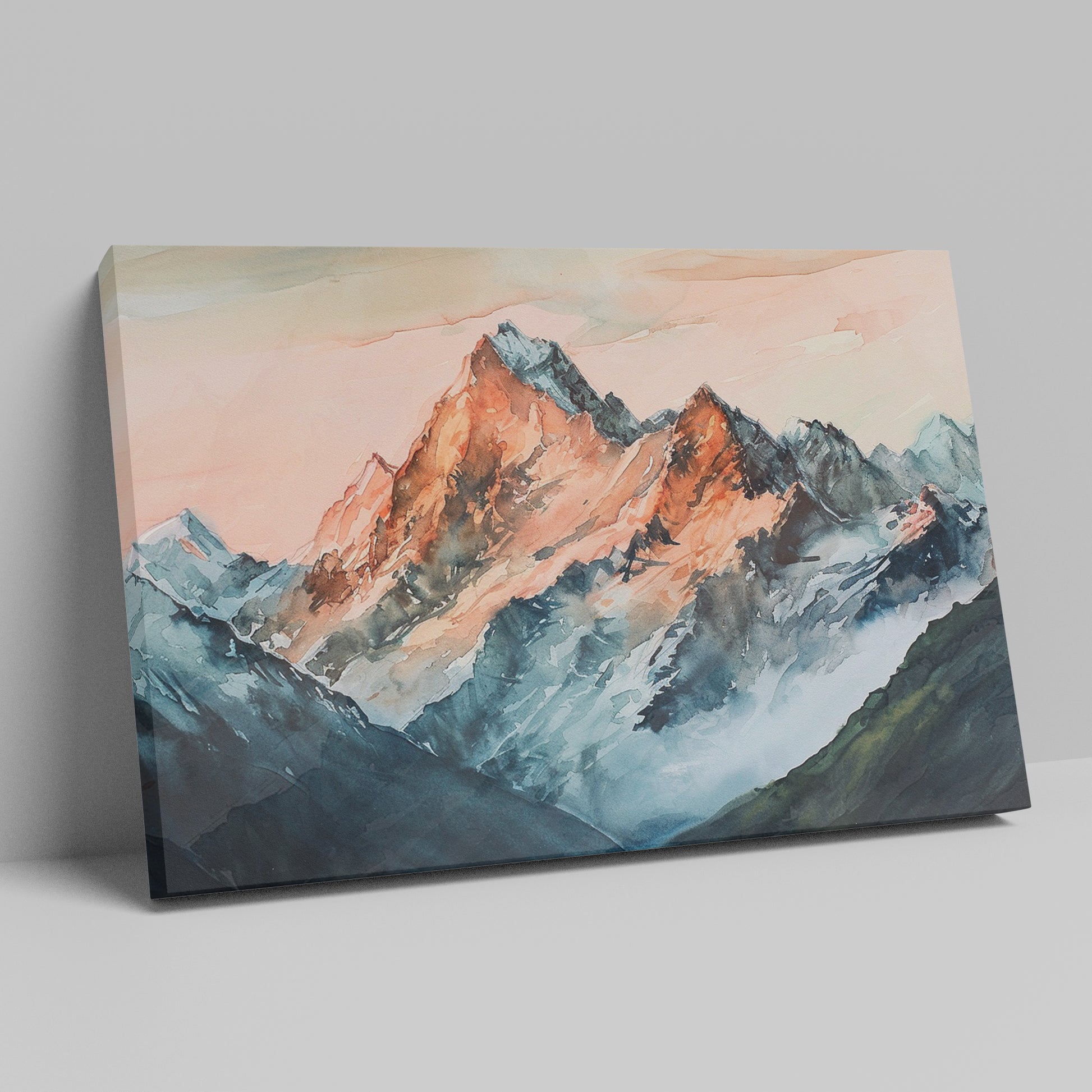 Framed canvas print of impressionist watercolor mountain landscape with sunset hues