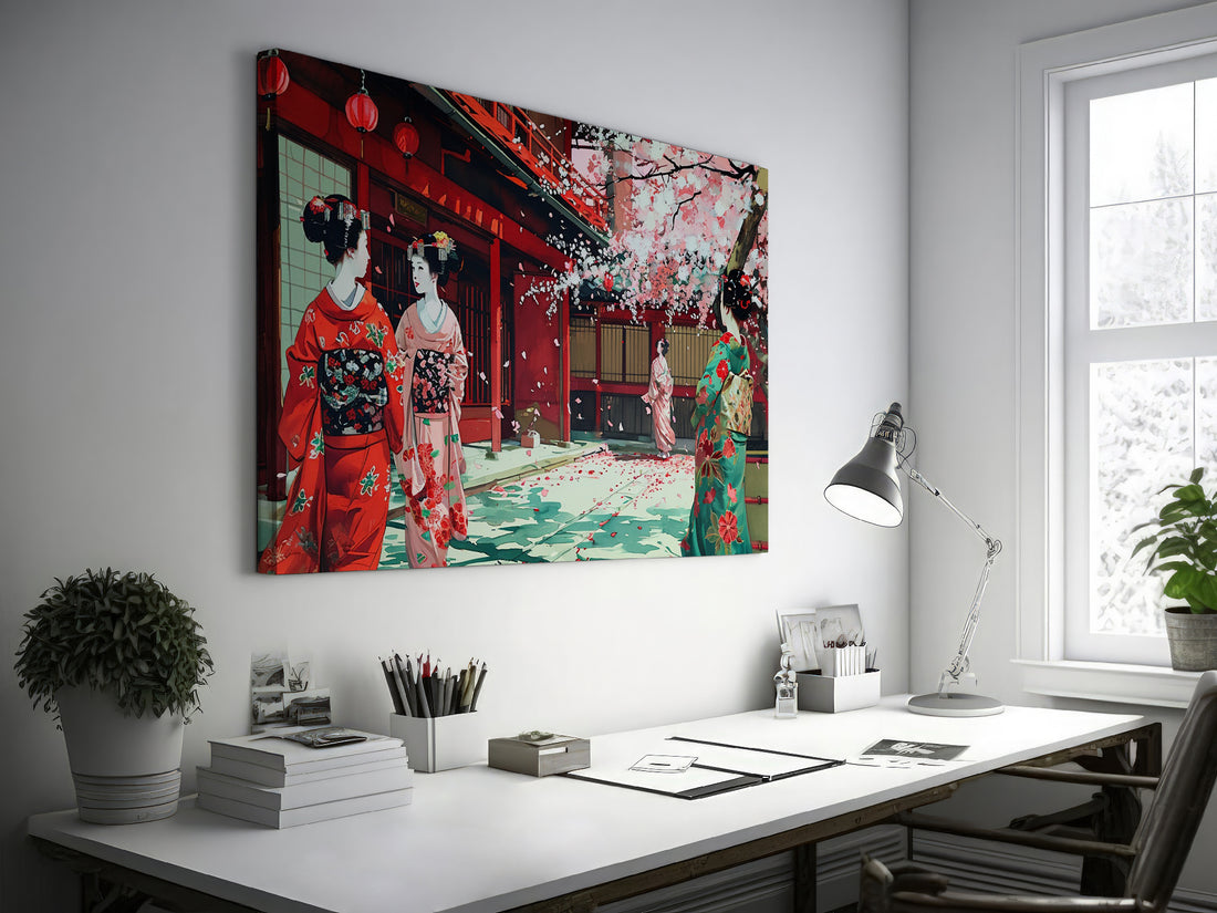 Canvas print showing Japanese geishas in red kimonos under cherry blossoms