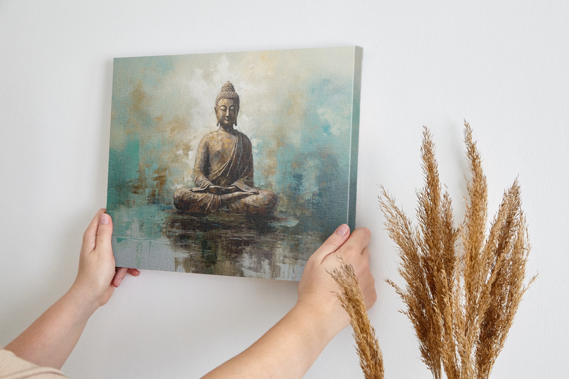 Framed canvas print of tranquil Buddha with abstract blue and beige background