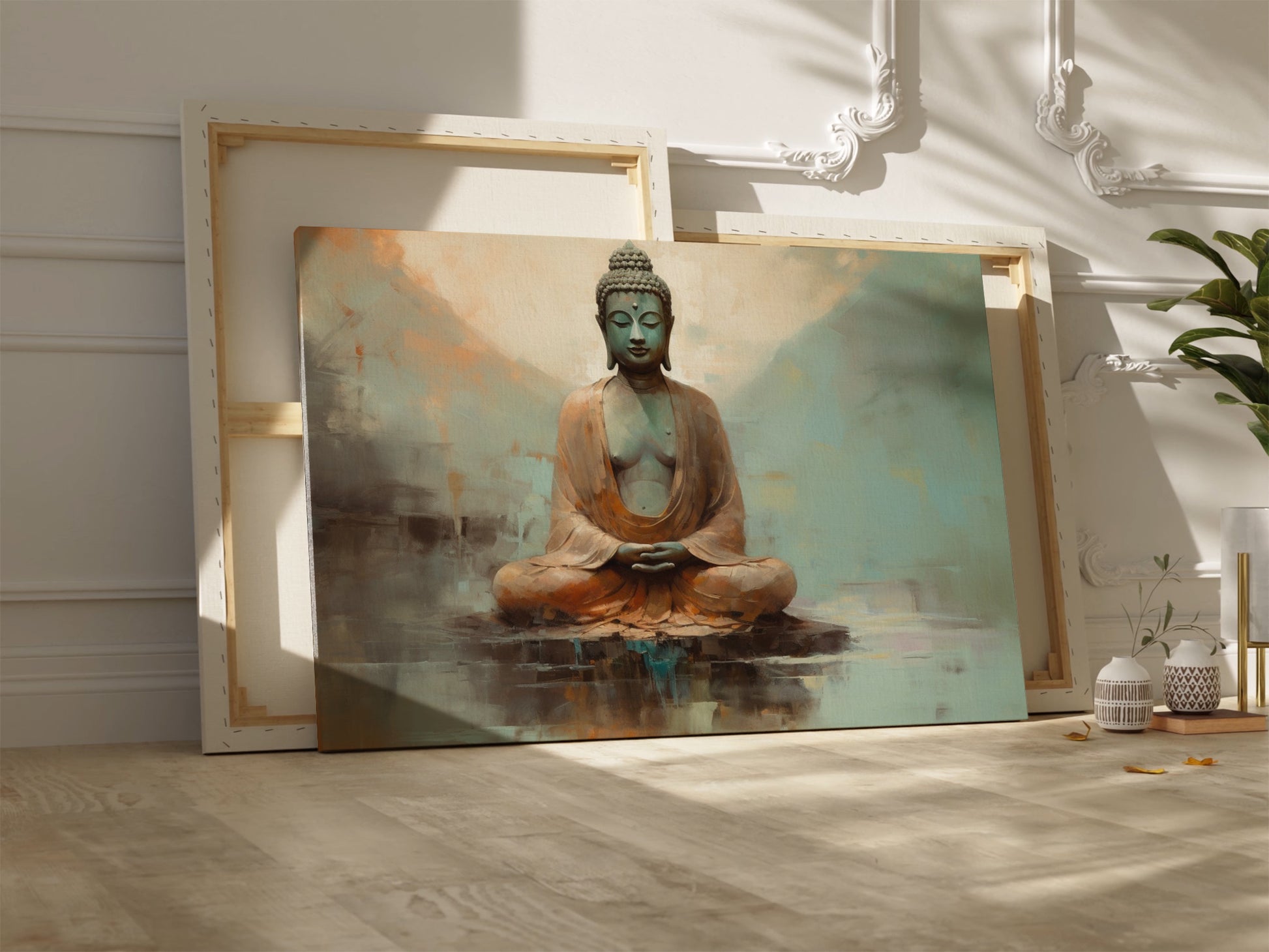 Framed canvas print of a serene Buddha in meditative pose with earthy tones