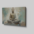 Canvas print of a meditating Buddha in beige and turquoise hues conveying serenity and spirituality.