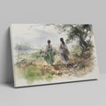 Watercolor painting of two figures in traditional attire walking through a natural landscape