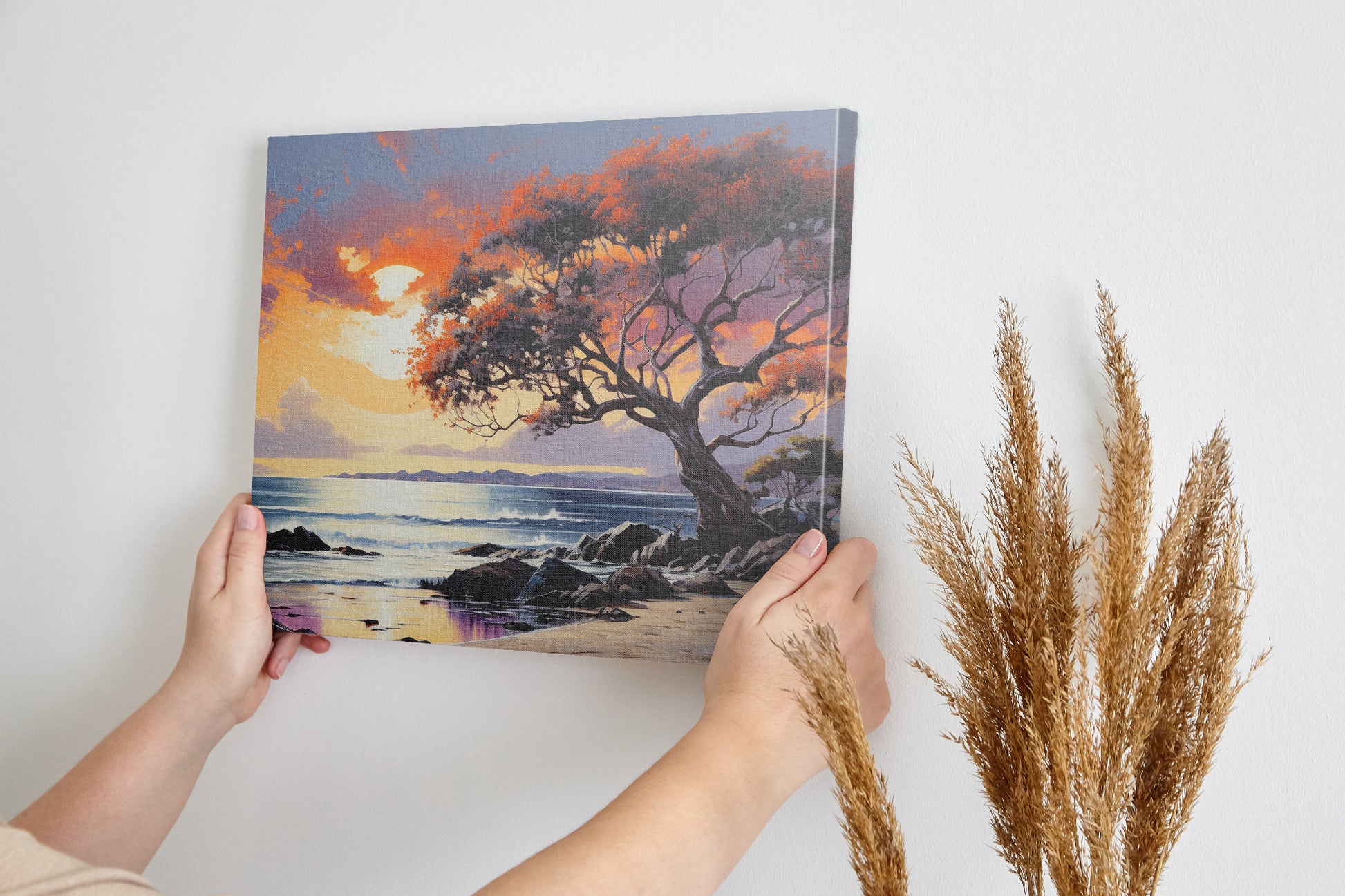 A vibrant sunset painting with an orange and red leafy tree overlooking a coastal seascape with gentle waves and cliffs.