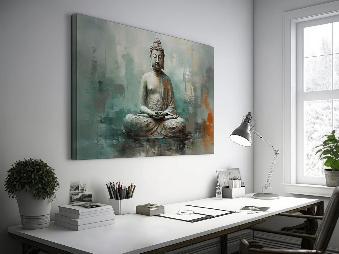 Framed canvas print of a serene Buddha in abstract style with soft blue and orange accents