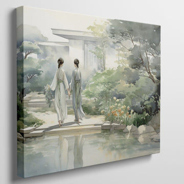 Watercolor painting of two individuals in traditional Asian attire walking by a reflective pond in a lush garden