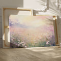 Framed canvas print of an impressionist painting of a daisy meadow at sunrise with soft pastel colours