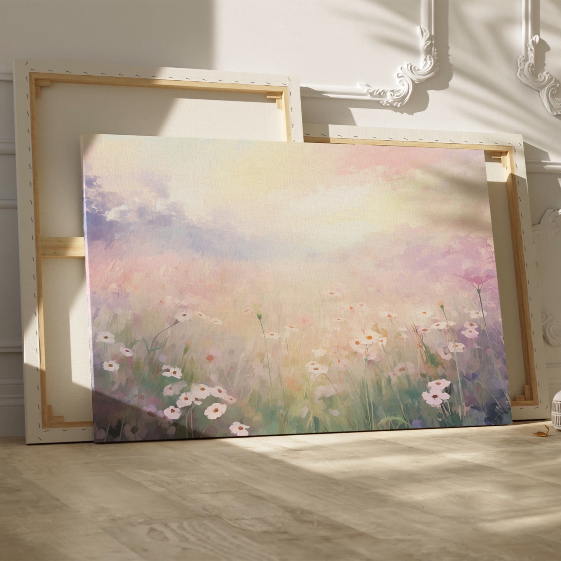 Framed canvas print of an impressionist painting of a daisy meadow at sunrise with soft pastel colours