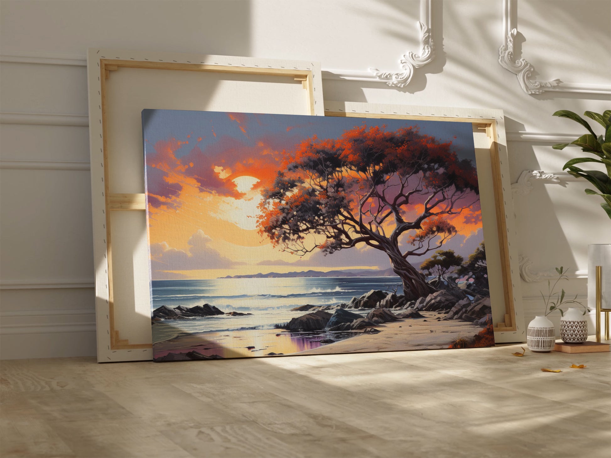 A vibrant sunset painting with an orange and red leafy tree overlooking a coastal seascape with gentle waves and cliffs.