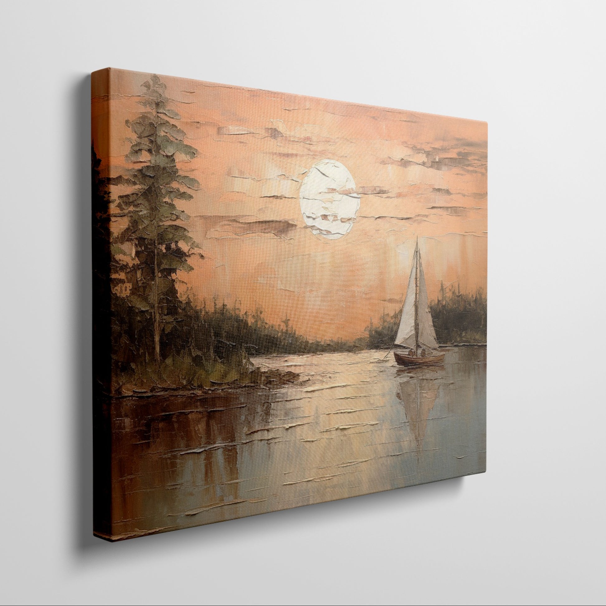 Canvas print of a sunset with orange skies, sailboat on calm lake, and tree silhouettes