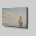 A peaceful painting of a sailboat sailing on calm ocean waters with clouds in the sky