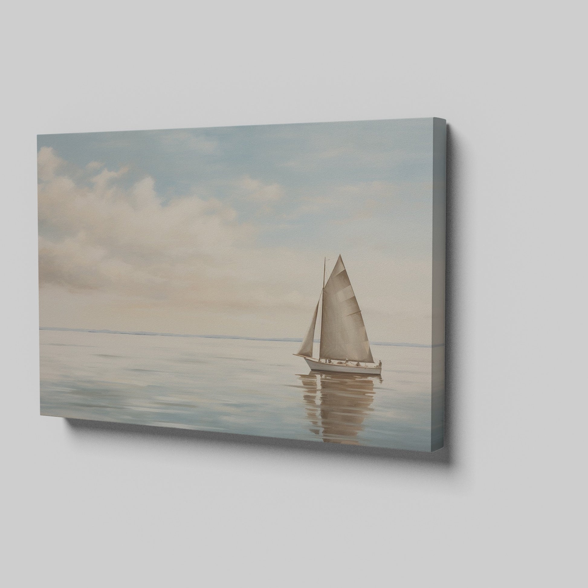 A peaceful painting of a sailboat sailing on calm ocean waters with clouds in the sky