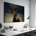 Framed canvas print of a woman in an evening dress admiring the reflective waters on a tranquil night